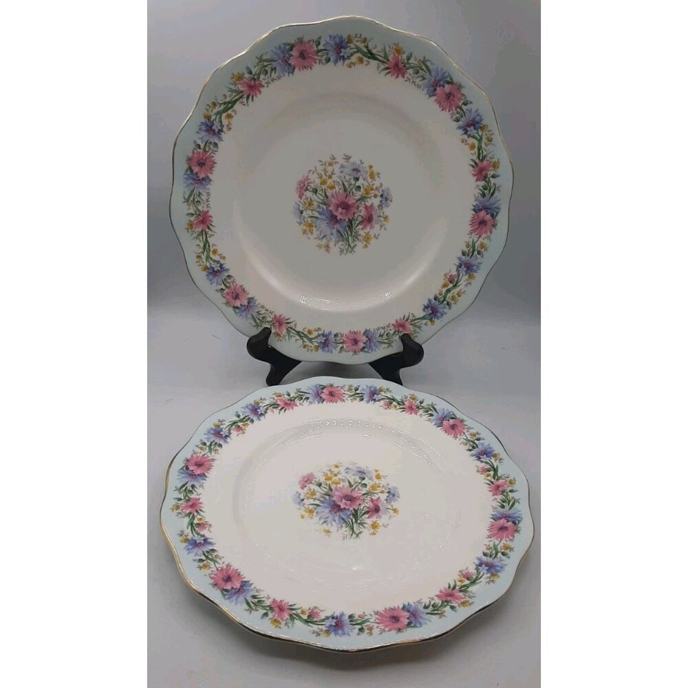 Foley English Bone China Lunch Plate Pattern Blue CORNFLOWER Gold Accent 2 Set